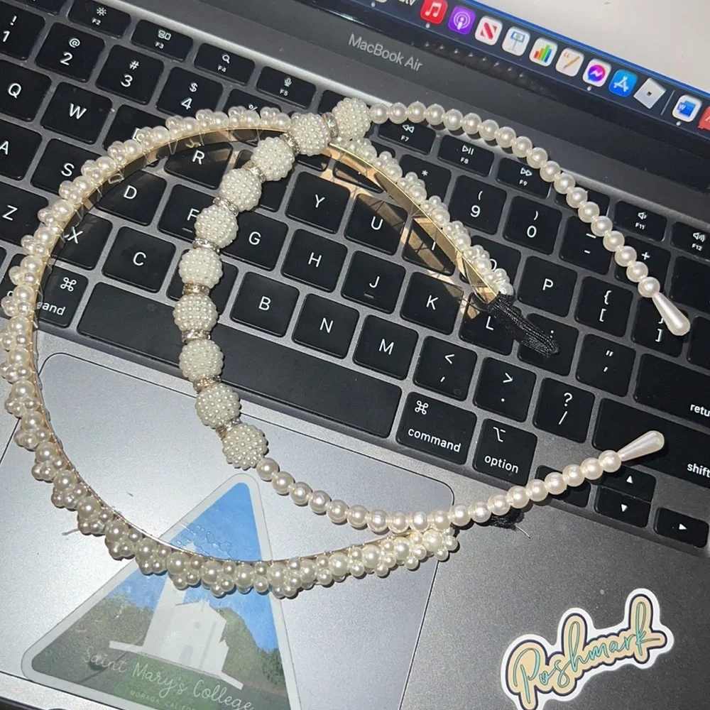 2 Pack Pearls‎ Fashion Headbands,White Artificial Pearl Rhinestones Hairbands